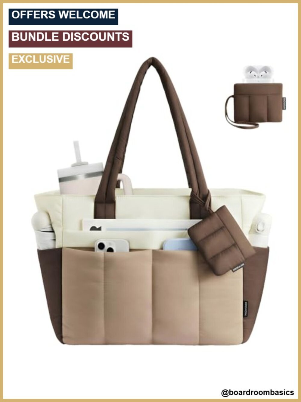 Quilted Puffer Tote Bag with Zipper 15.6 inch Laptop Teacher Nurse Bag